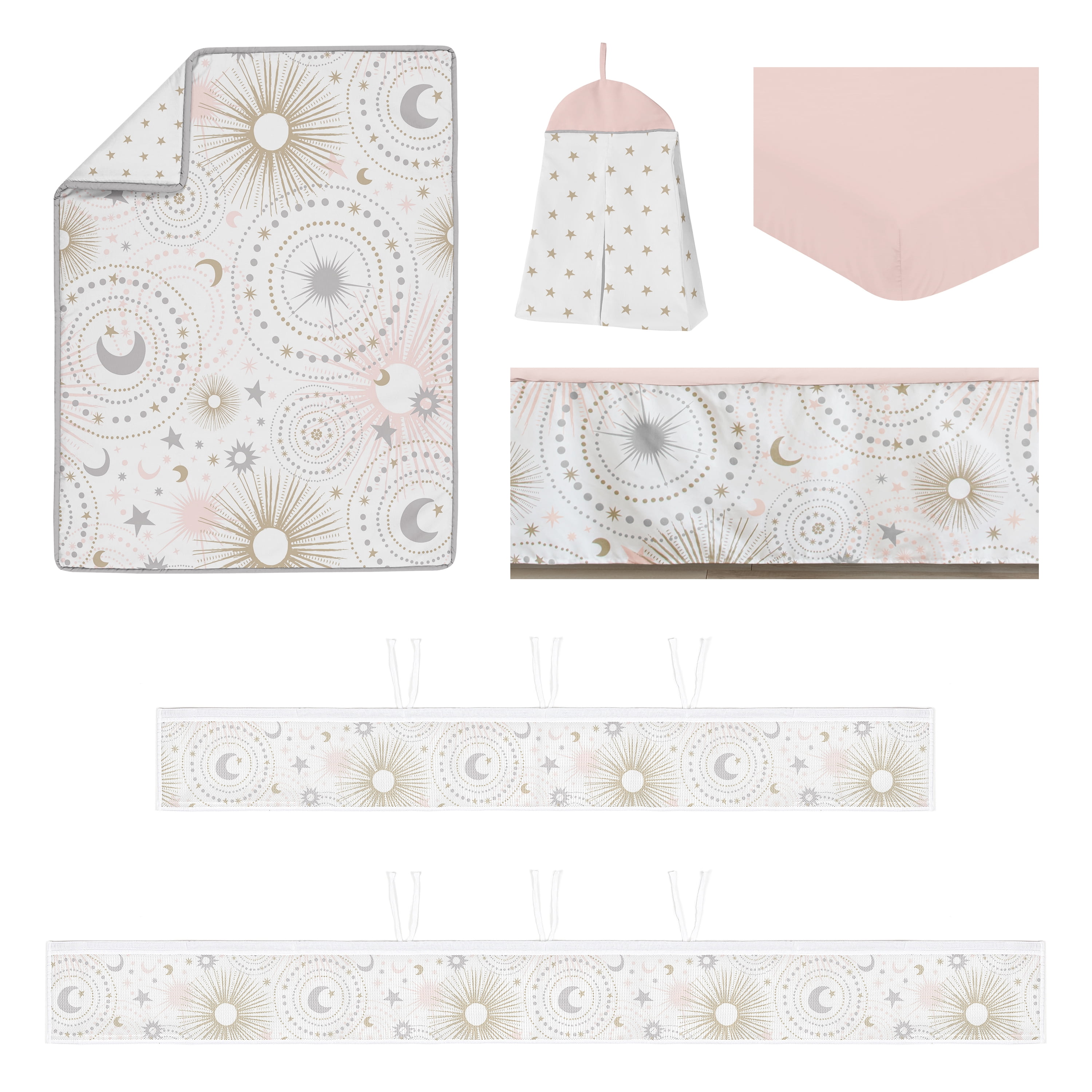 Sweet Jojo Designs Celestial Pink Gold and Grey Crib Bedding + BreathableBaby Breathable Mesh Liner Pad