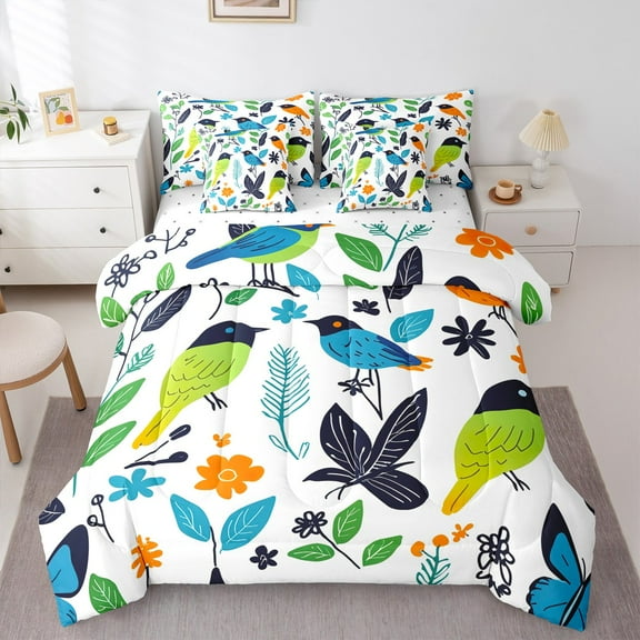Manfei Animal Birds 7-Piece Twin Bedding Sets for Teens Boys Girls,Tree Leaves Bedding Comforter Set,Botanical Plants Breathable Sheet Sets,Lightweight Room Decor,Reversible