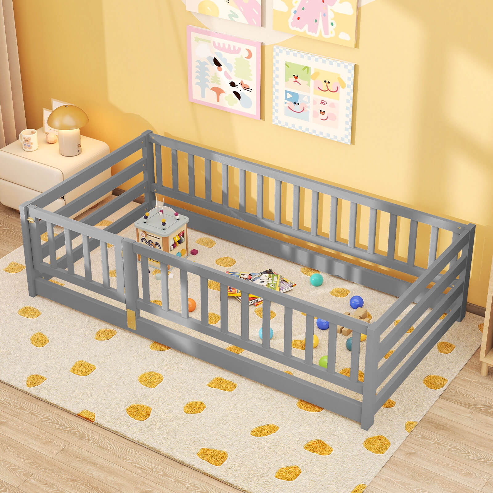 Infans Twin Size Floor Bed w/High Fence & Door Safety Guardrails Wood Floor Bed Frame