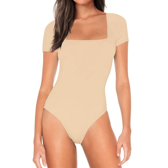 Women's Slim Fit Pure Color Short Sleeve Bodysuit with Buttoned Briefs in Apricot, Size XL - Perfect for Summer Wear