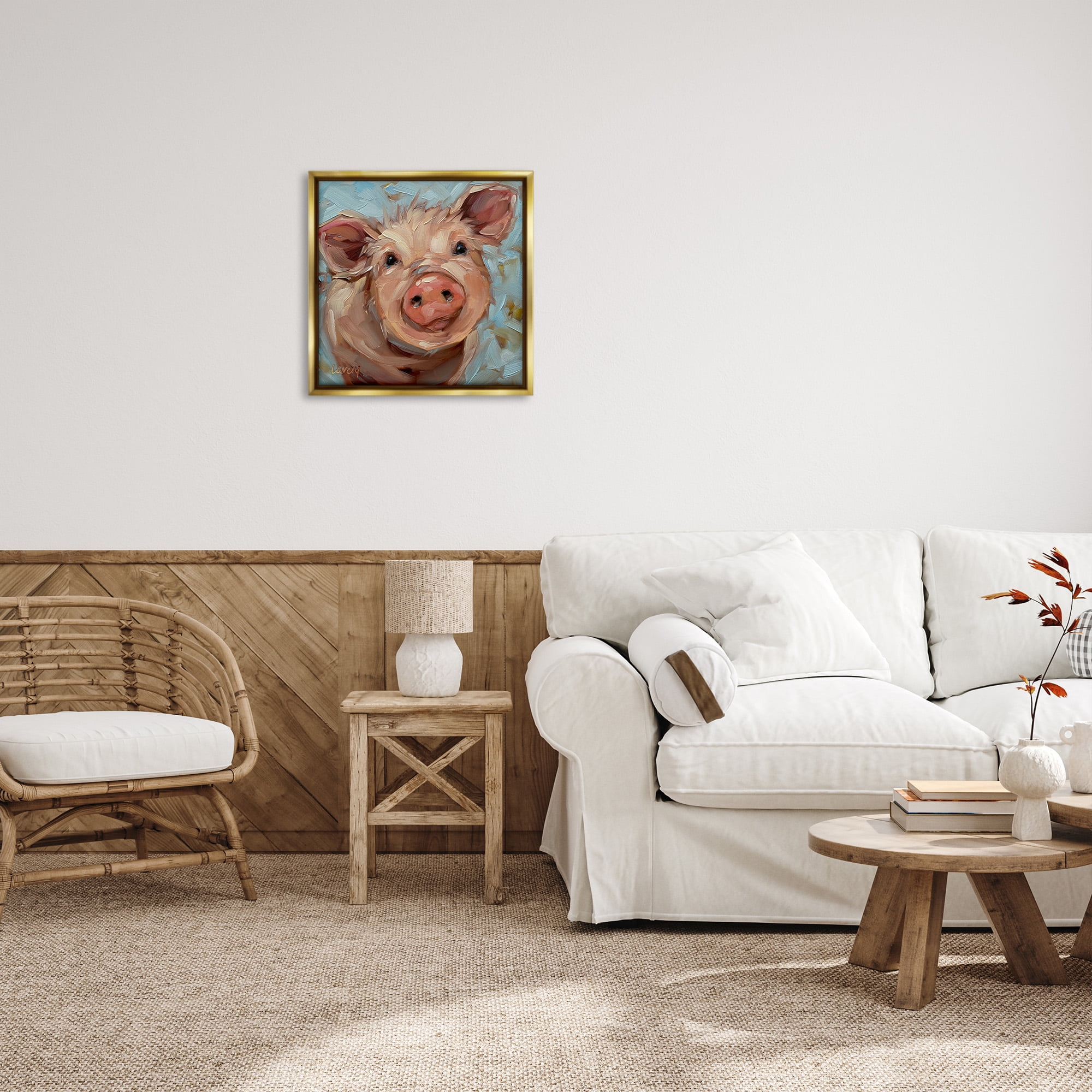 Stupell Industries Modern Pig Portrait Farm Animal Animals & Insects Painting Gold Floater Framed Canvas Art Print Wall Art, 25 x 25