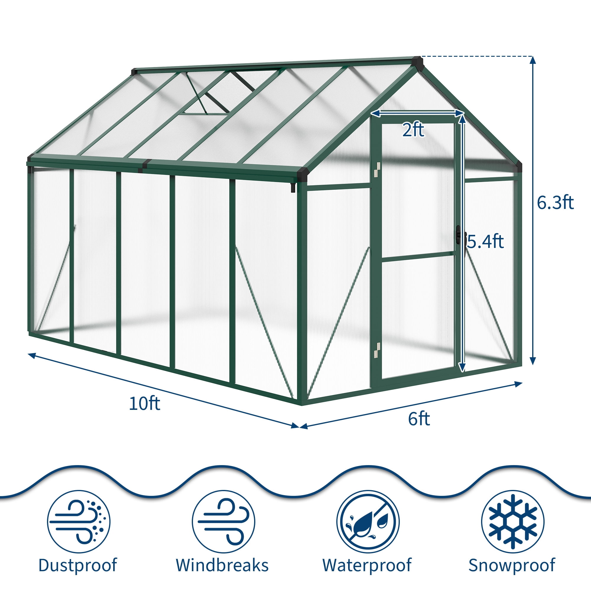 COZONY 6*10ft Walk-In Greenhouse, 720g/m² Polycarbonate Panels with Aluminum Frame&new handle, Roof Vent & Quick Setup for Outdoor Gardening,Green