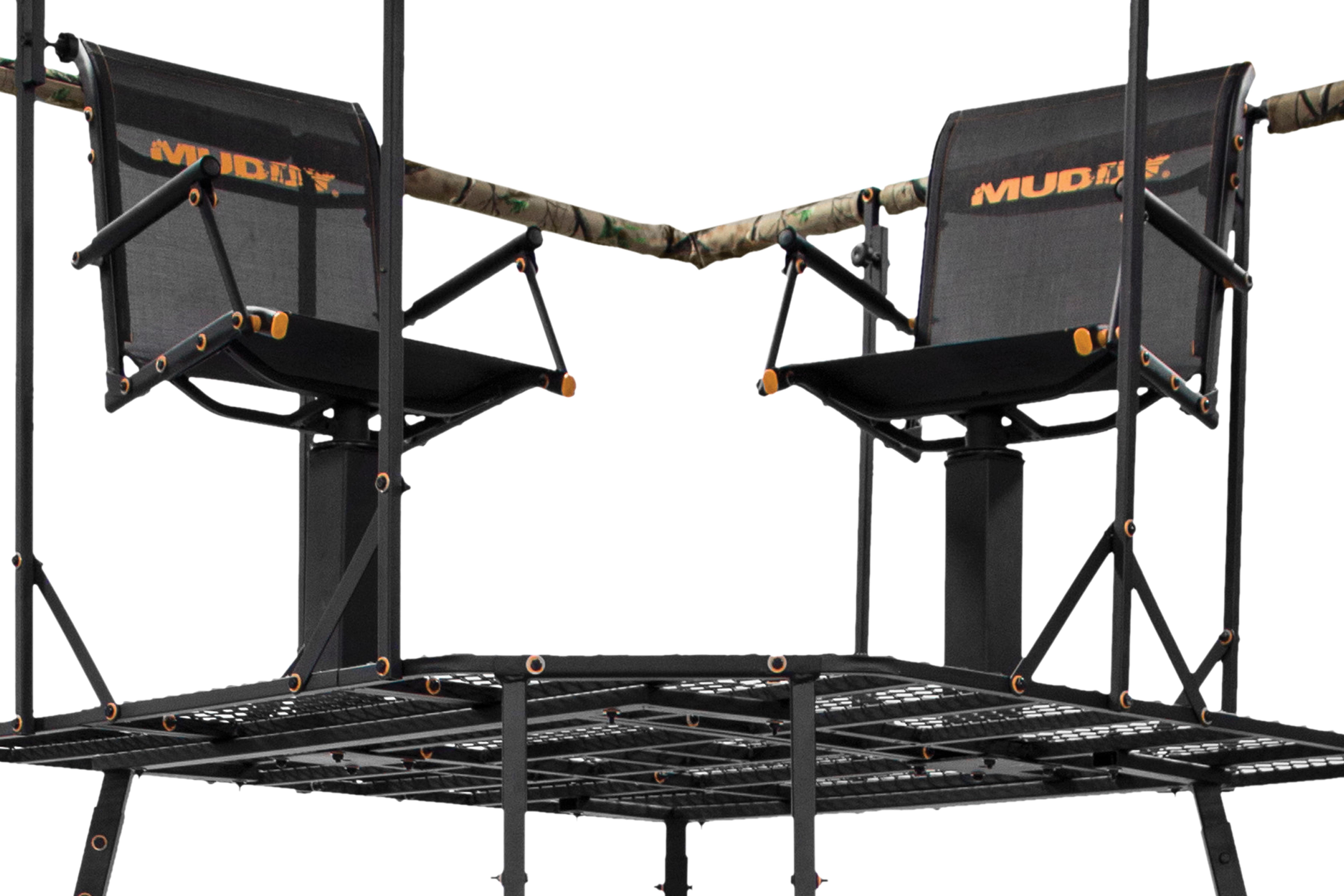 Muddy 12' Quad Pod - 57"L x 57"W Durable Steel 500 Pound Capacity Hunting Outdoor Platform with Full-Surround Shooting Rail & 2 Flex-Tek Seats, Blind Kit Not Included