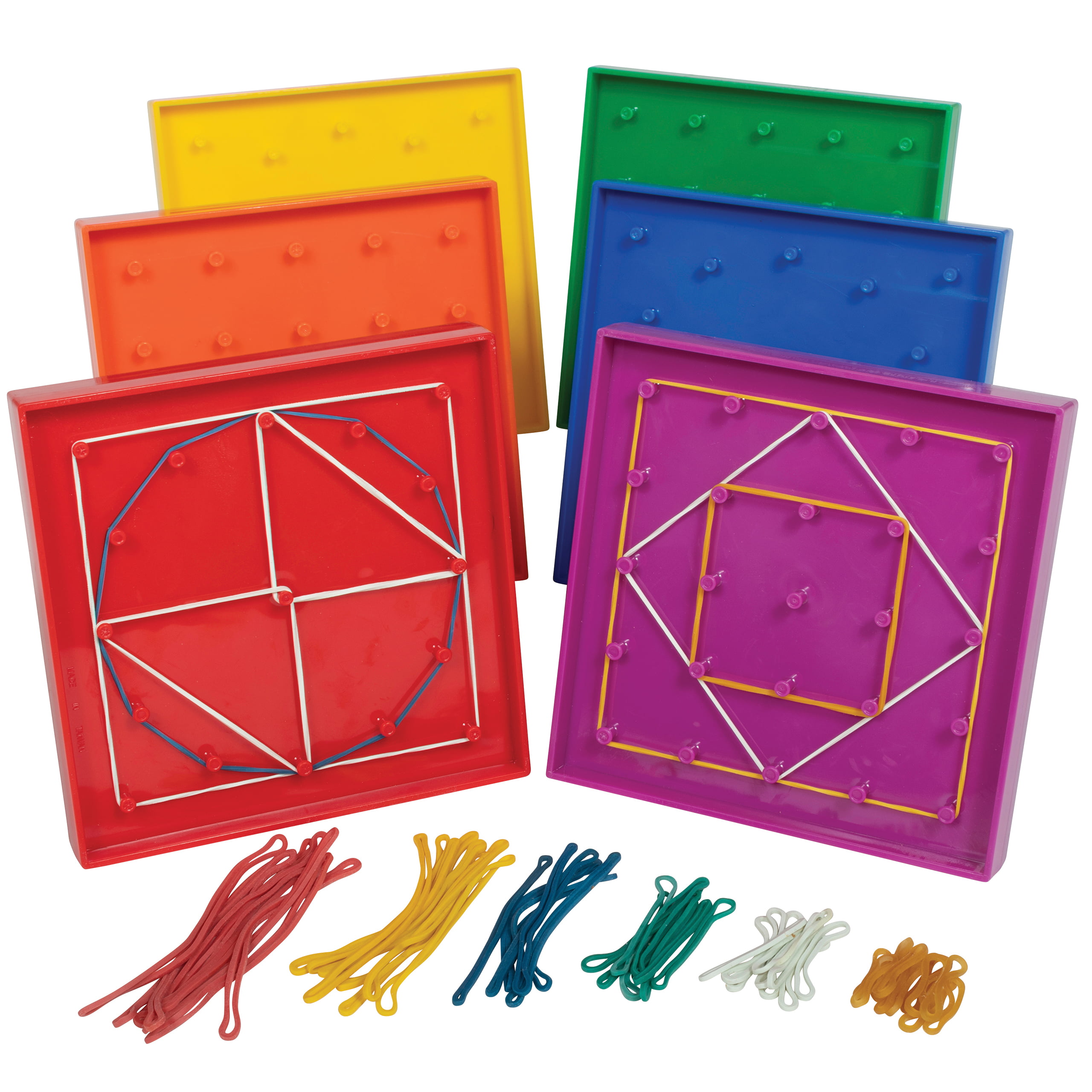Double Sided Geoboard Set 5 X Grid/12 Pin Circular Array Of 6 W Rubber Ba In 