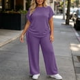 thumbnail image 4 of Ynynloco Women Plus Size 2 Piece Outfits Short Sleeve Pullover Top and Wide Straight Leg Pants Lounge Sets Tracksuit with Pockets, 4 of 8