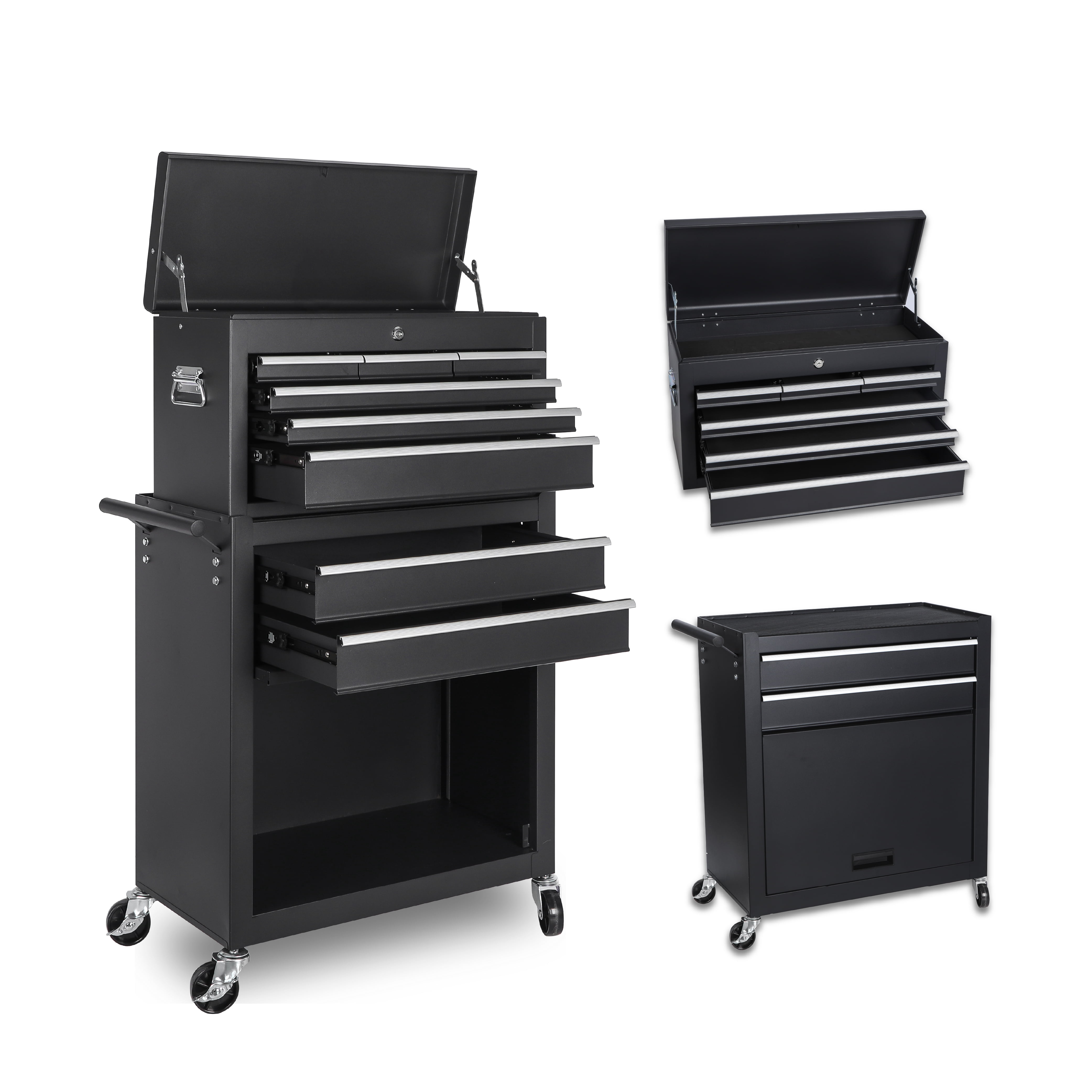 8-Drawer Rolling Tool Chest,Metal Tool Storage Cabinet with Detachable 2-in-1 Top Tool Box,Lockable Casters, Side Hooks, Lockable Drawers with Liners, Mobile Tool Cart for Garage, Workshop,Black