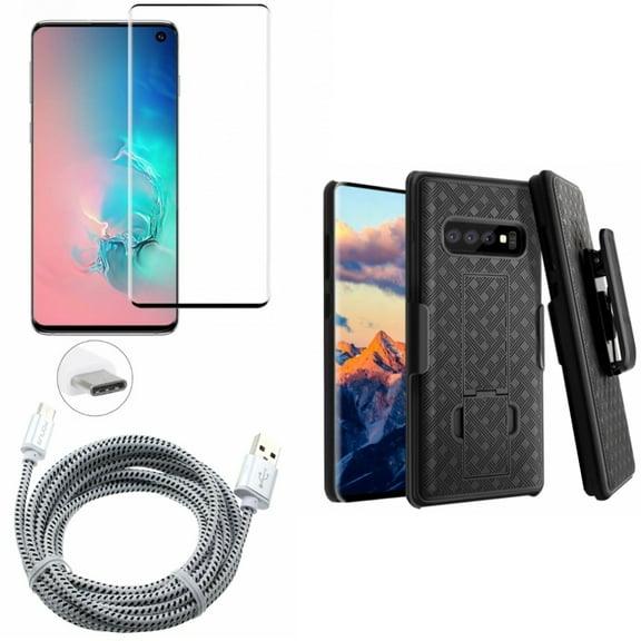 Tempered Glass Screen Protector w Holster Case Belt Clip w Type-C 6ft USB Cable for Samsung Galaxy S10 Plus - [Fingerprint Unlock] 3D Curved Edge Full Cover, Swivel Cover Kickstand, Charger Cord O7A