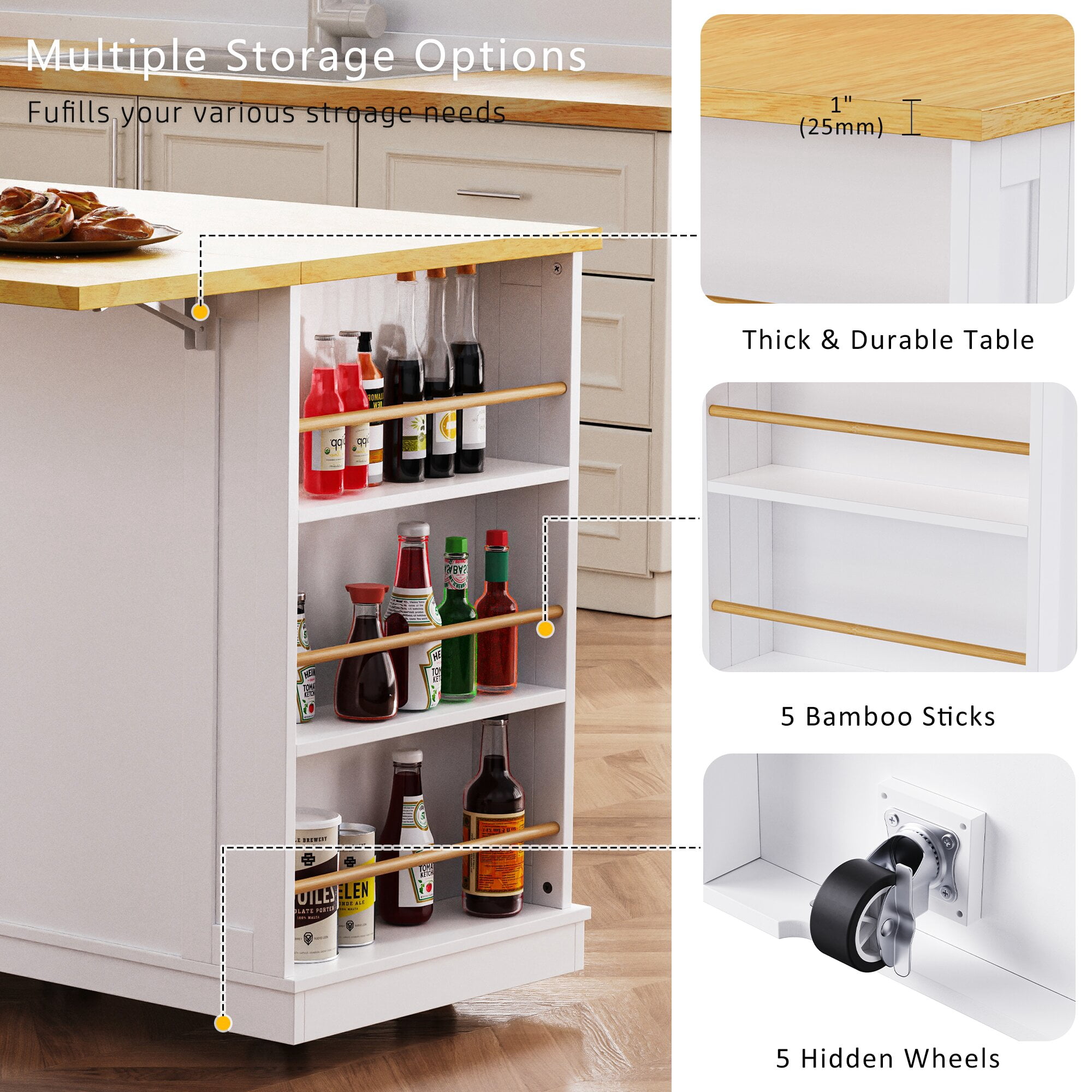 Yoneston 53" Rolling Kitchen Island with 2 Bar Stools, Kitchen Storage Cart with Power Outlet, Internal Storage Rack, Drop Leaf, 5 Open Side Racks, 3 Drawers 2 Doors for Kitchen Dining Room, White
