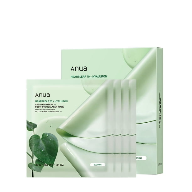 ANUA Heartleaf 70 Soothing Collagen Mask, Overnight Face Mask for Glass Skin, hyaluronic acid, Collagen, Soothing & hydration Facial Mask for Sensitive Skin, Natural Color, Korean Skin Care (38g, 4ea)