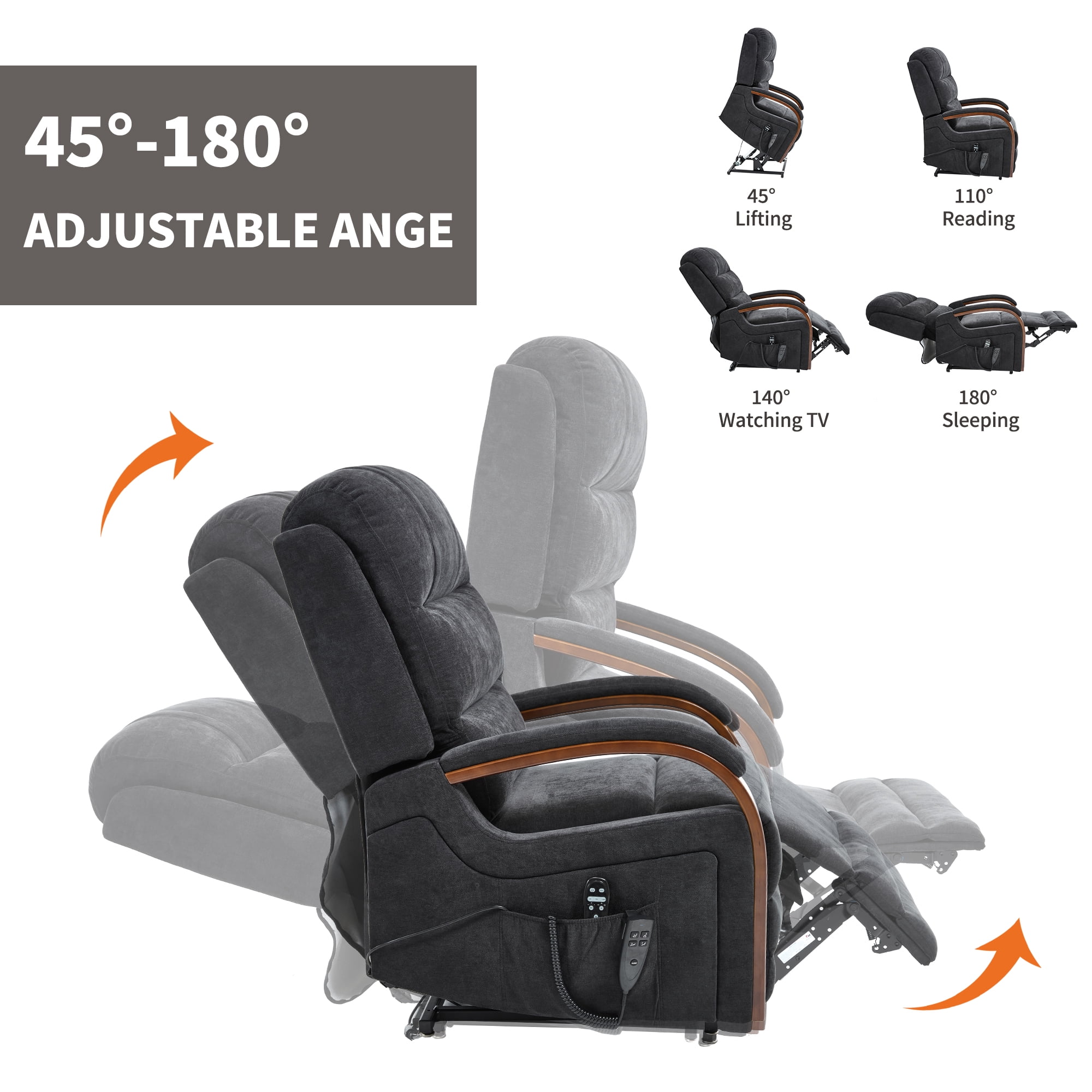 Gewnee Power Lift Recliner Chair with Heat and Massage,Lay Flat Assist Recliner with Side Pocket & Solid Wood Armrest,Lift Chair for Living Room.Black Chenille