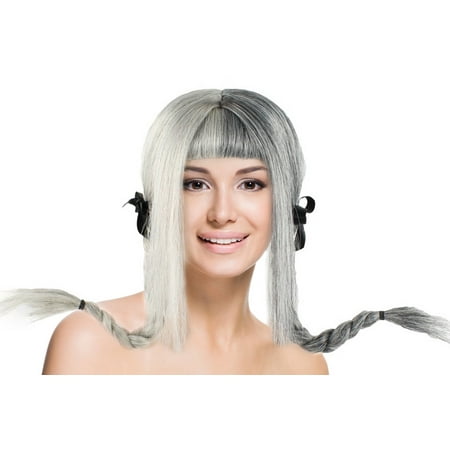 Double Pigtail Wig with Braids Grey Wigs w/ Bangs Hair for Cosplay Costume Party