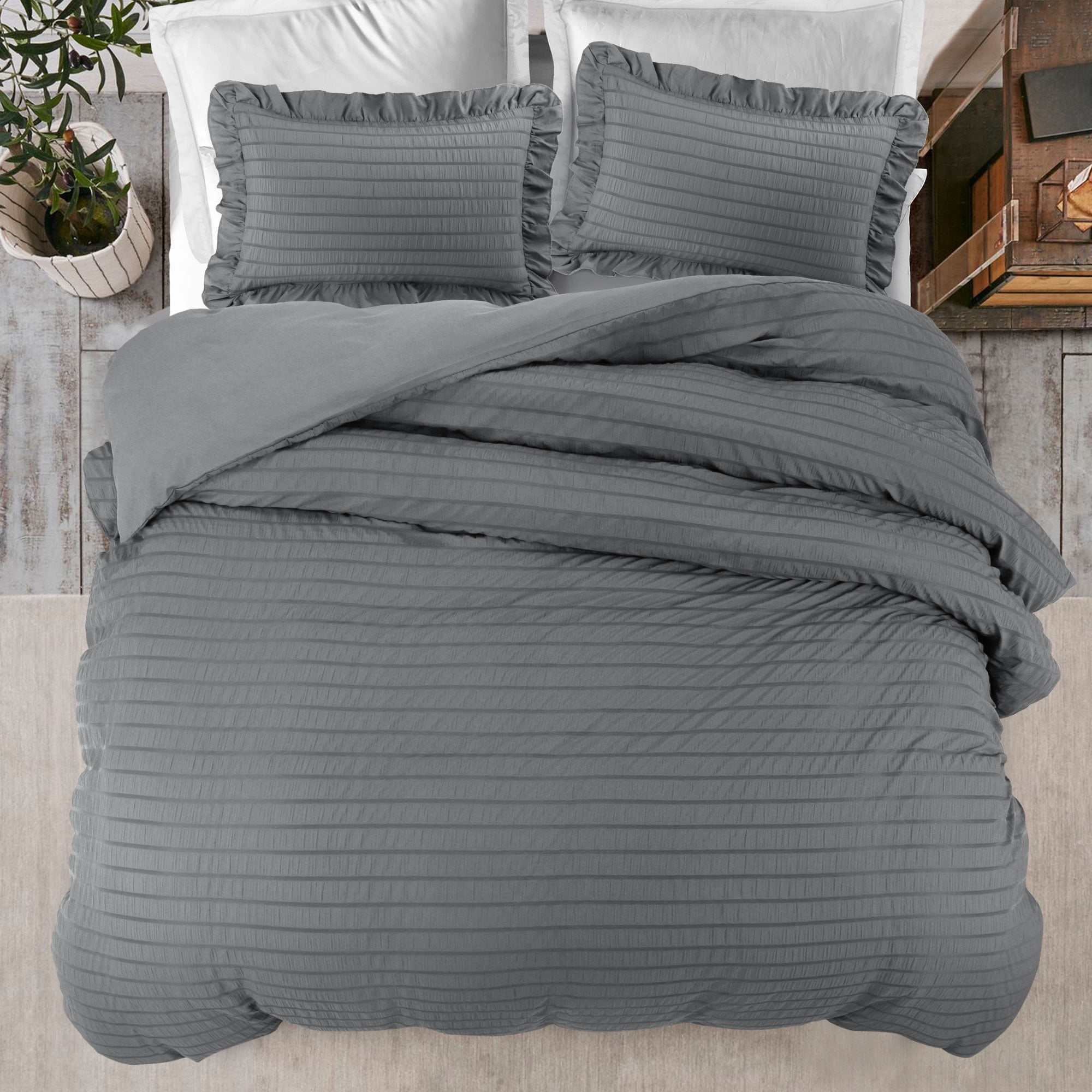 Unique Bargains Microfiber 3 Pieces Seersucker Duvet Cover Set King Dark Grey