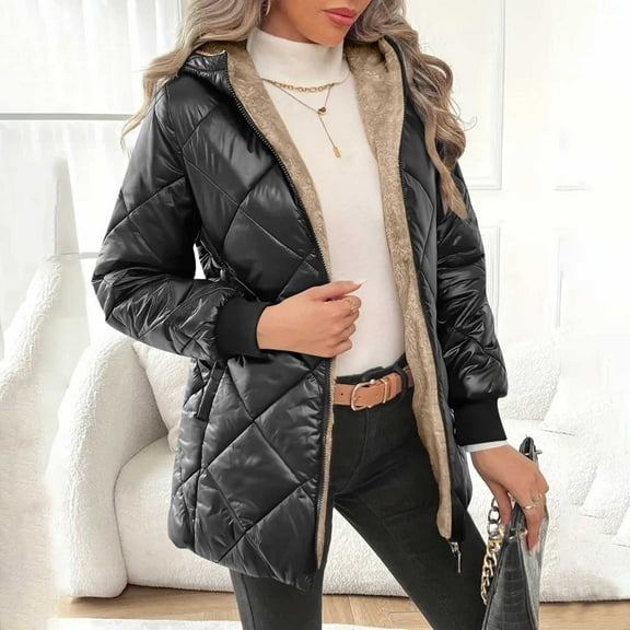 Women's Jackets Winter Women's Zipper Jacket Solid Color Plaid Long Sleeve Hooded Jacket Winter Women's Warm Coat, Size S-2XL