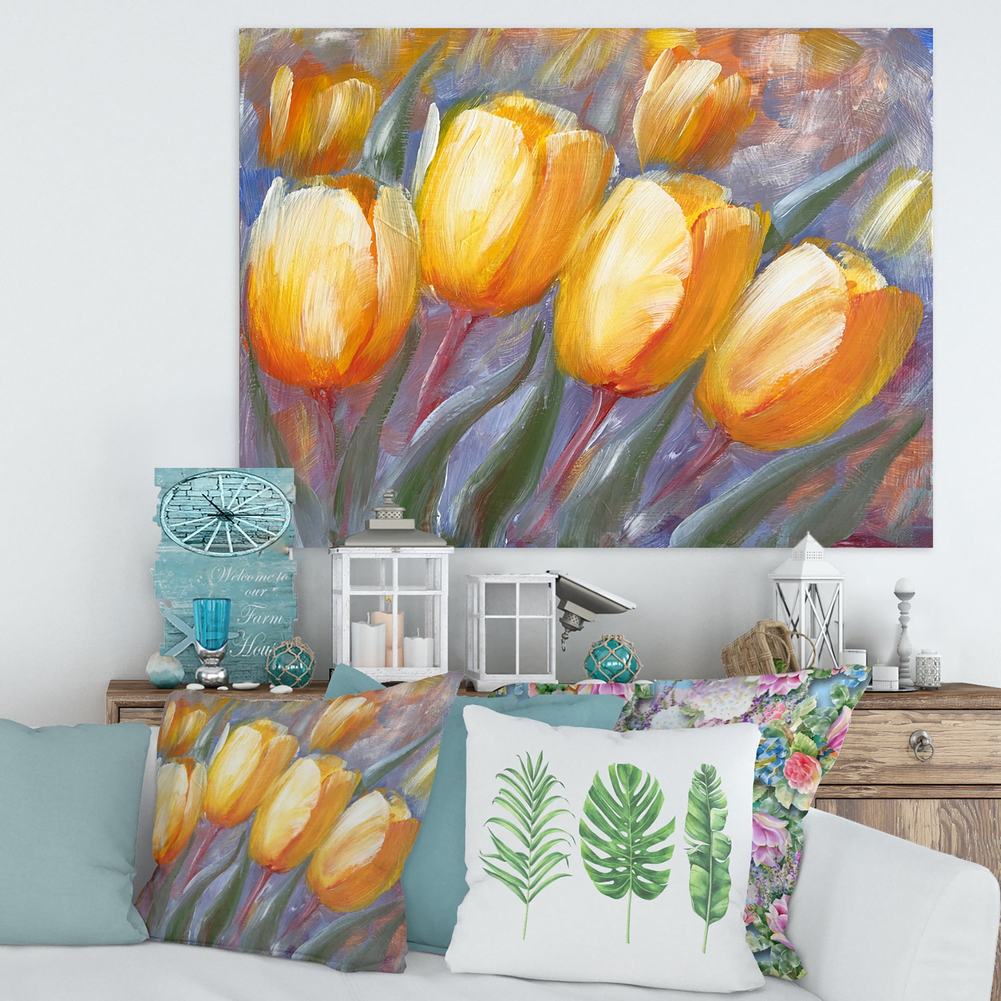 Designart ' Abstract Yellow Blooming Tulips ' Traditional Canvas Wall Art Print