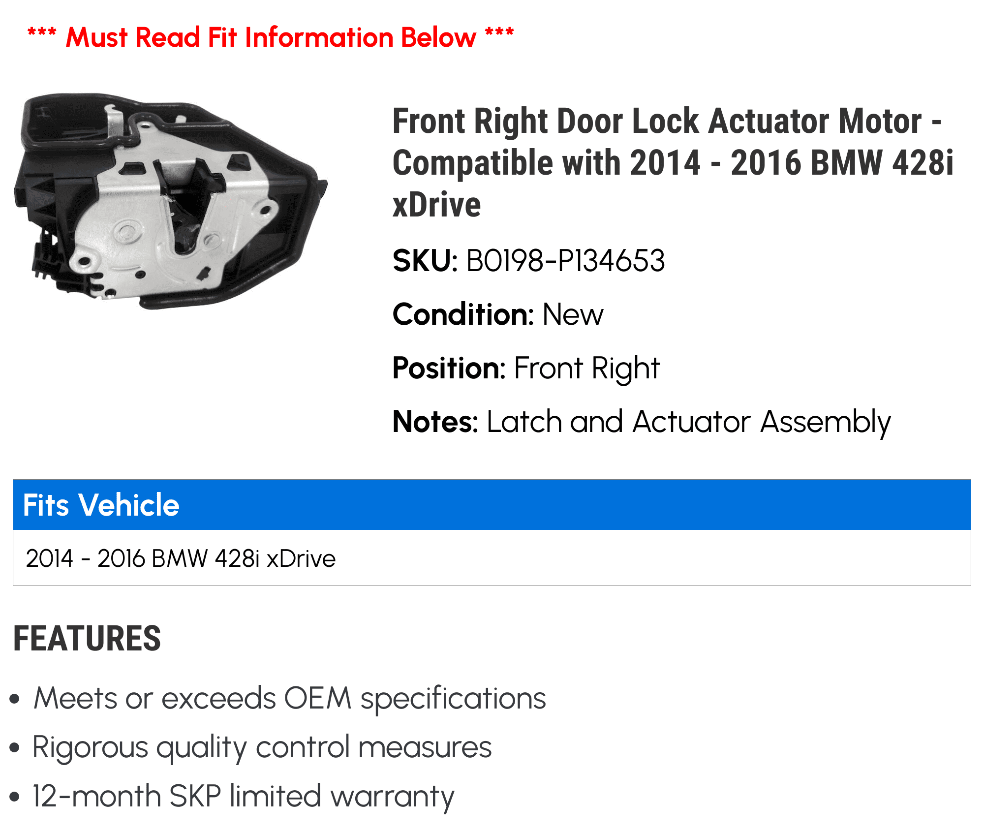 Front Right Door Lock Actuator Motor - Compatible with 2014 - 2016 BMW 428i xDrive 2015