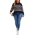 thumbnail image 6 of GRACE & GRANDEUR Women's Plus Size Striped Pullover Sweater Long Sleeve Crew Neck Knit Top with Side Slits 1X Black, 6 of 8