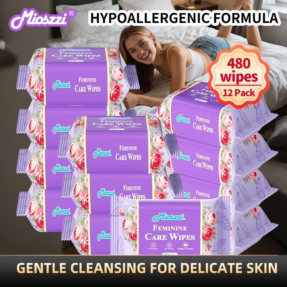 Mioszzi pH Balanced Feminine Cleansing Wipes, Alcohol-Free & Skin-Friendly, 12 Packs, 480 Total Count