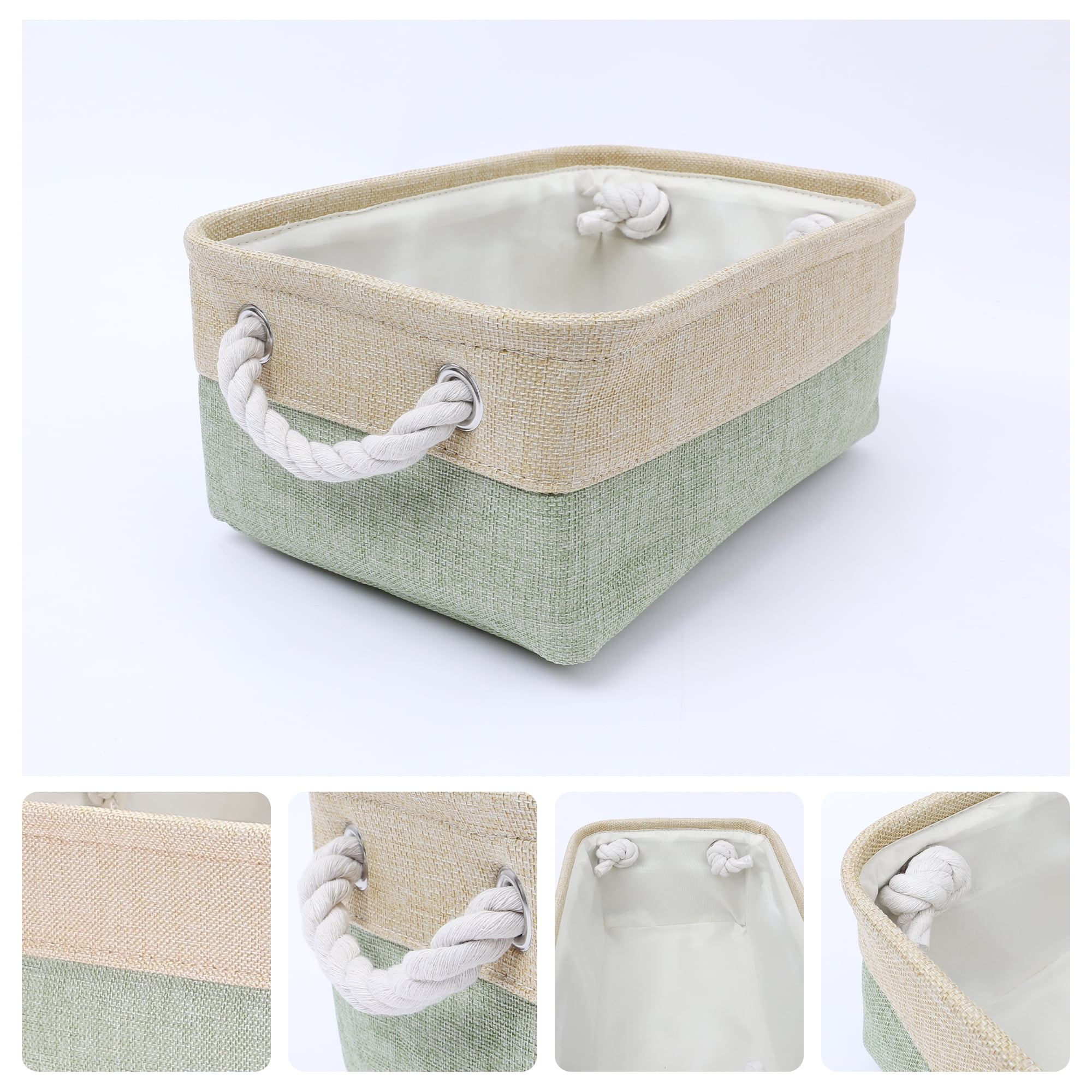 Unique Bargains Storage Bin with Handle Fabric Cube Green/Beige 14*10*6.5in