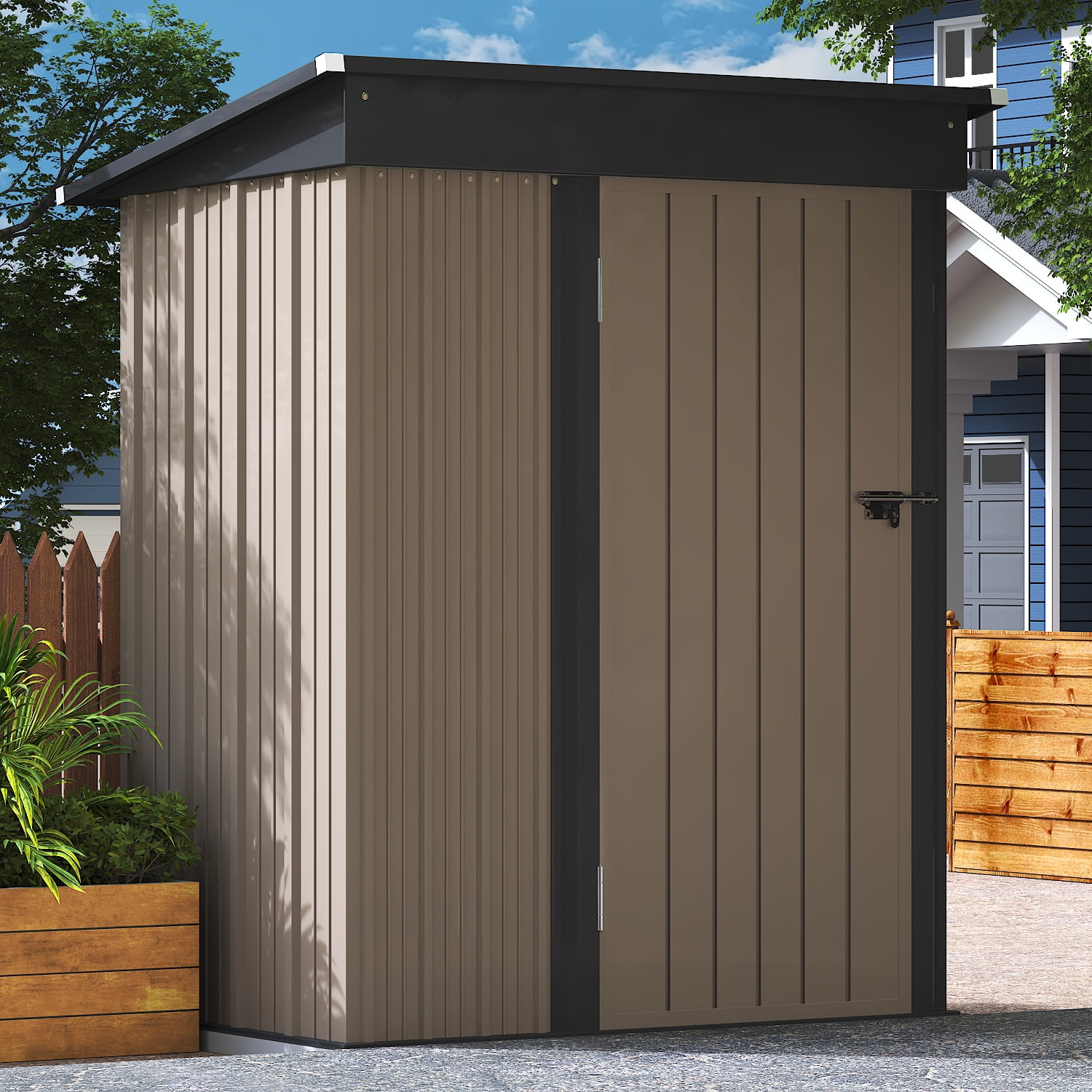 LACOO 3 x 5 ft. Patio Steel Storage Lockable Shed for Backyard, Mental Outdoor Storage Shed for Garden with Groove Roof, Brown