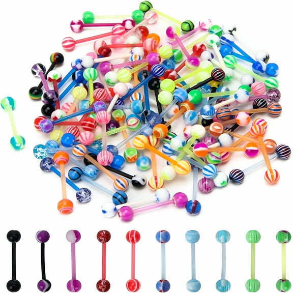 TELOLY 100Pcs 14G Acrylic Tongue Rings, Multi Color Assortment Flexible Tongue Rings Barbells Mix Piercing