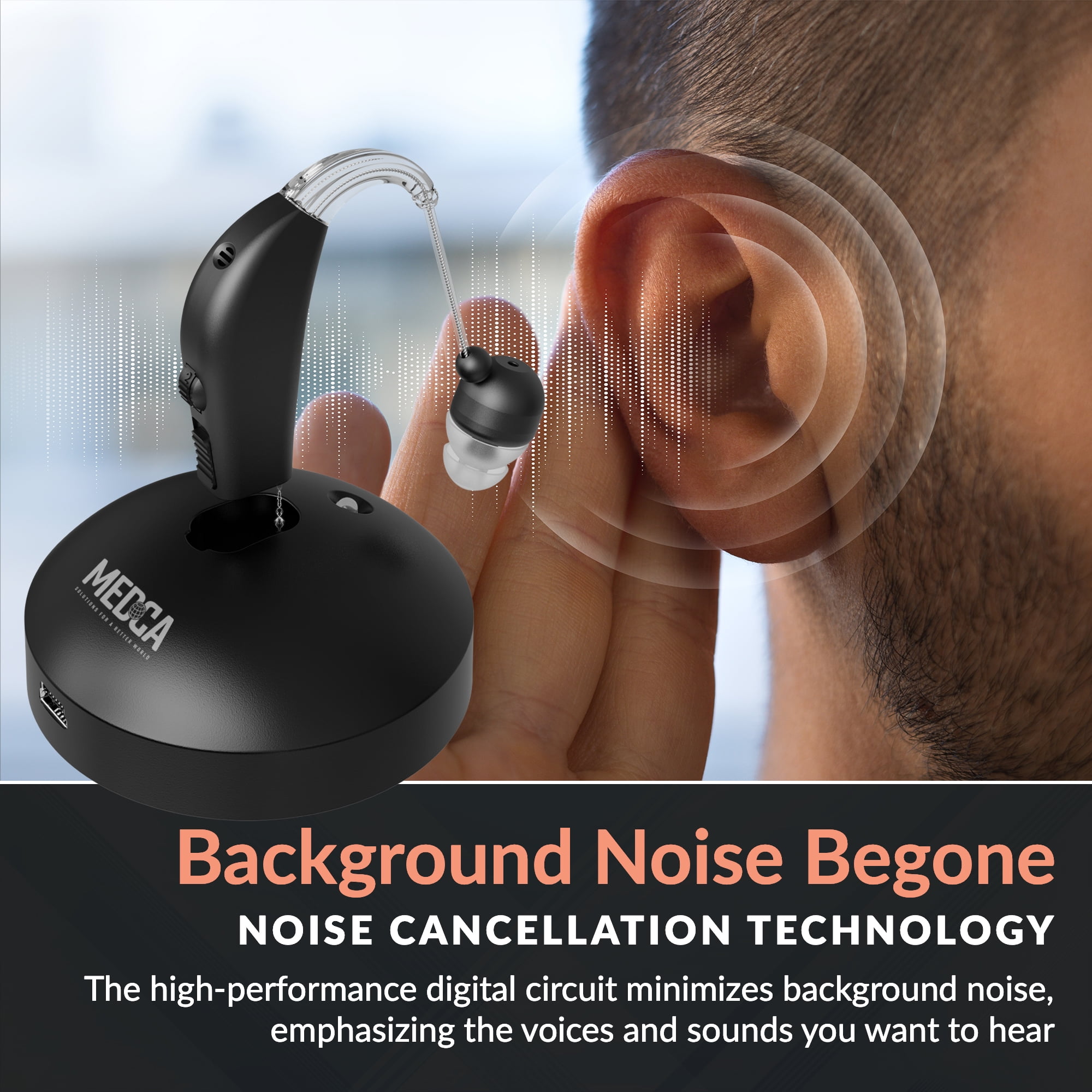 MEDca Rechargeable Hearing Aid for Seniors, Personal Sound Amplifier, Black - Single Ear