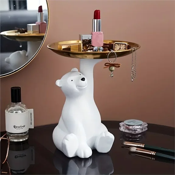 1pc Creative Resin Crafts, Animal Doll Sculptures, White Polar Bear Statues, Storage Tray Cabinets, Living Room Home Office Desk Table Top Decorations, Key Snacks Fruit Rack Decoration Accessories, ro