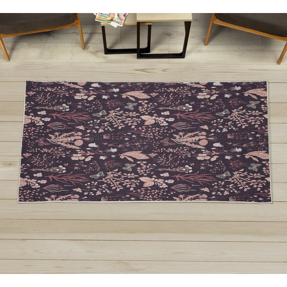 Floral Decorative Rug, Vintage Garden Plants Herbs Flowers Botanical Classic Design Illustration, Quality Carpet for Bedroom Dorm and Living Room, 6 Sizes, Eggplant Rose, by Ambesonne
