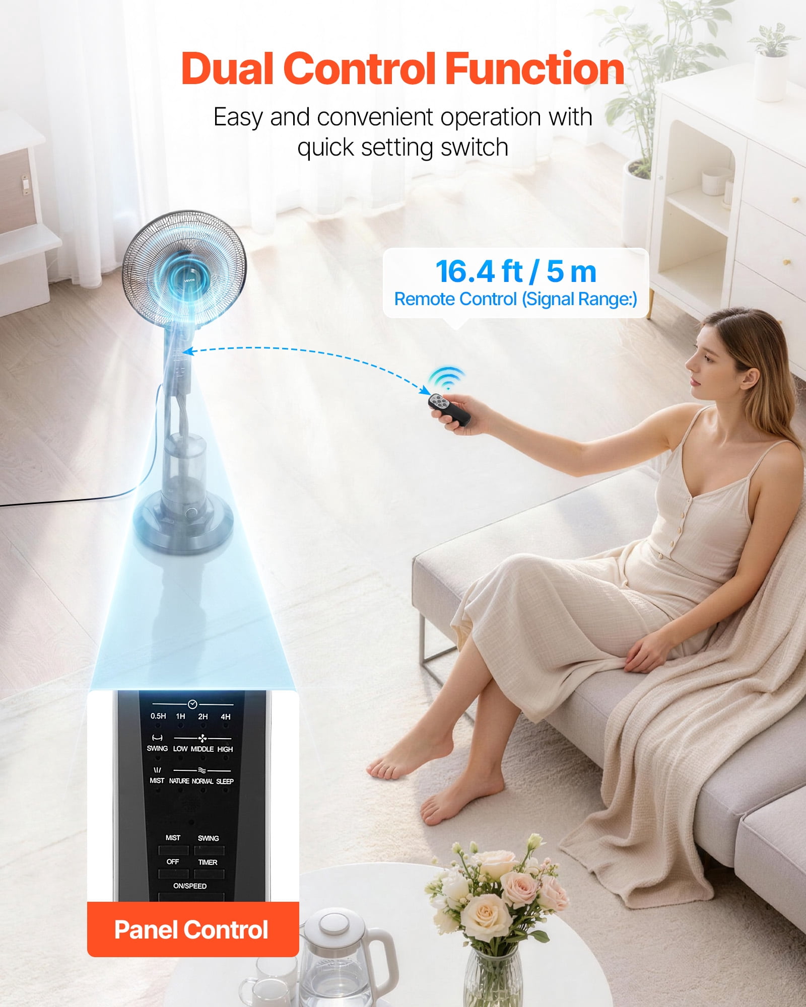 VEVOR Misting Fan, 3 Wind Speeds Misting Standing Fan, Mister Cooling Fans with 0.79 gal Water Tank, Remote & Panel Control, Water Cooling Fans for Indoor, Outdoor, Garage, Patio, Living Room,3 Modes
