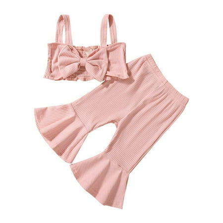 

REORIAFEE Toddler Girl Clothes Toddler Kids Baby Boys Girls Fashion Cute Solid Color Bow Cropped Top Flared Pants Cotton Casual Suit Pink 18-24 Months