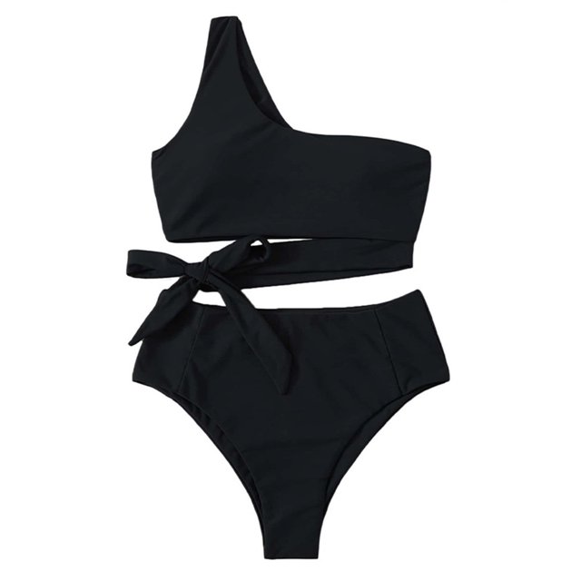 Traje de baño para mujer, talle alto, correa para un solo hombro, transpirable, elástico, simple, elegante, trajes de baño divididos para fiestas en la playa, negro S