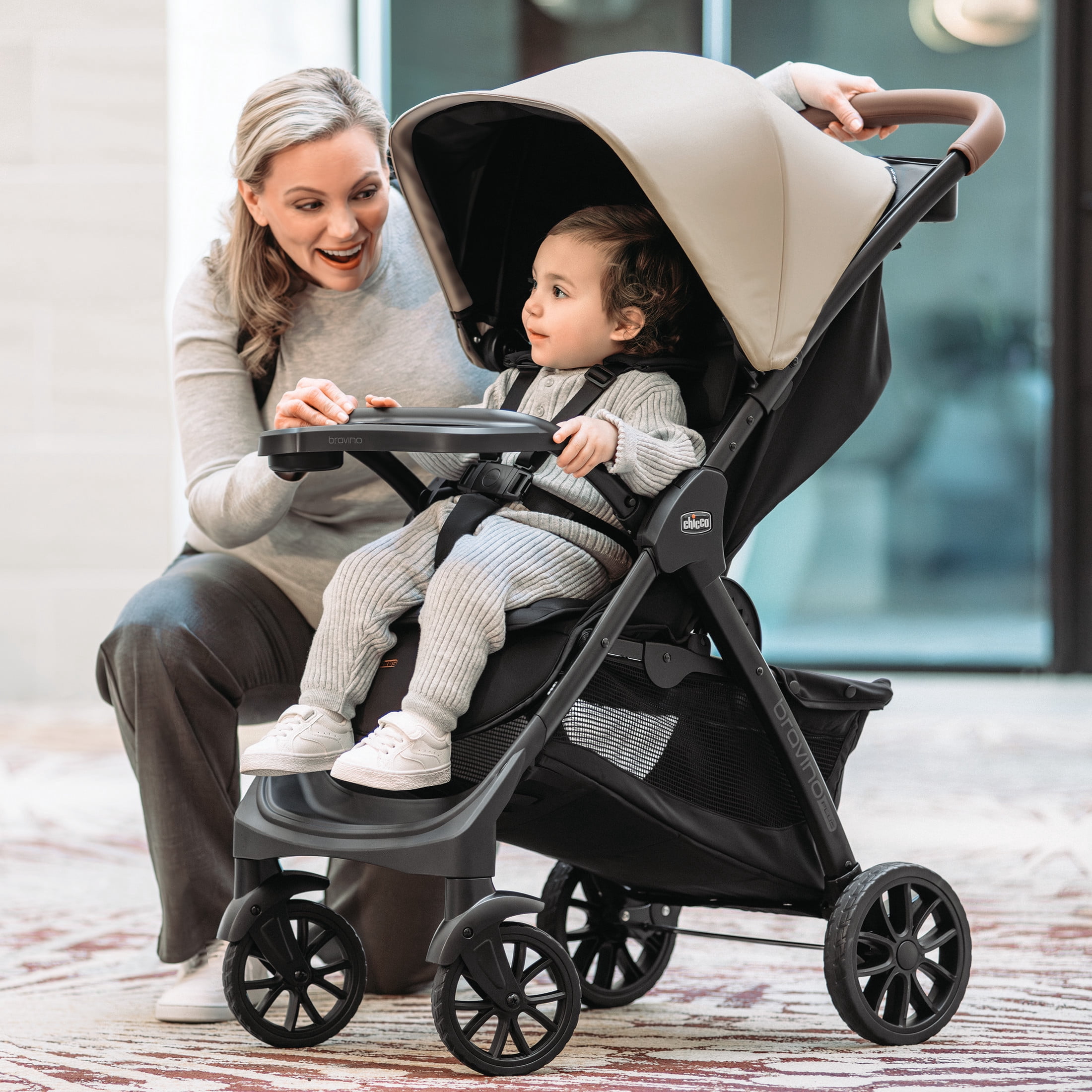 Chicco Bravino Plus Lightweight Stroller, One-Hand Quick Fold, Lie-flat Pramette Seat, Accepts Chicco Infant Car Seats - Oat (Beige)