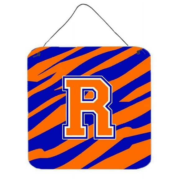 Letter R Initial Tiger Stripe - Blue Orange Aluminium Metal Wall Or Door Hanging Prints