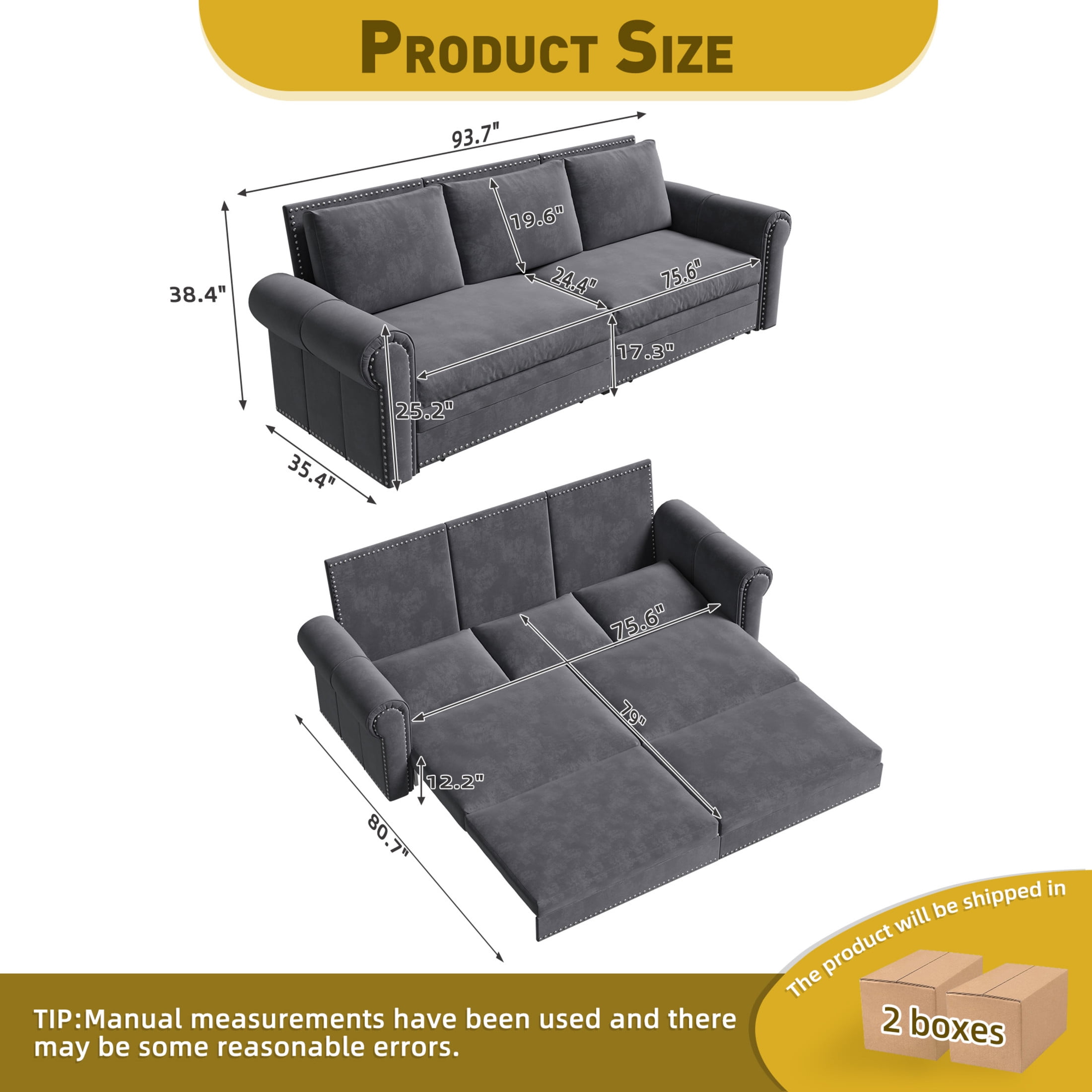 Noble House Lexair Velvet Chesterfield Pull Out Sofa Bed, 3-in-1 King Sleeper Couch with Nailheads & Rolled Arm, Grey