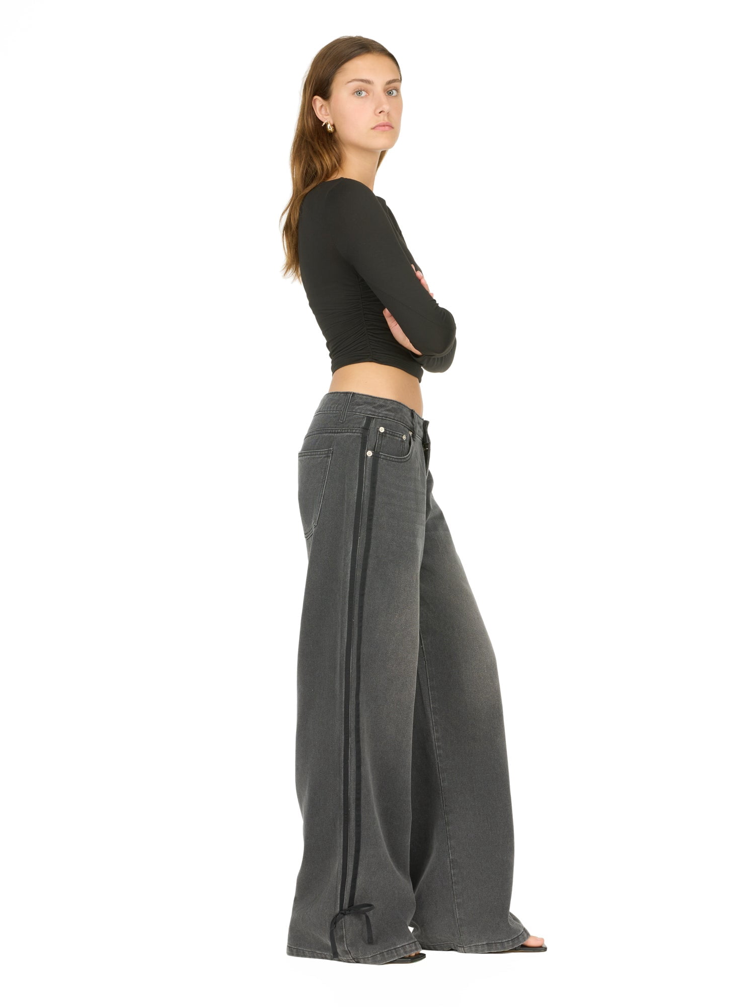 Forever 21 Women's Low Rise Baggy Fit Jeans with Side Stripes and Bow Accents, Sizes 0-14
