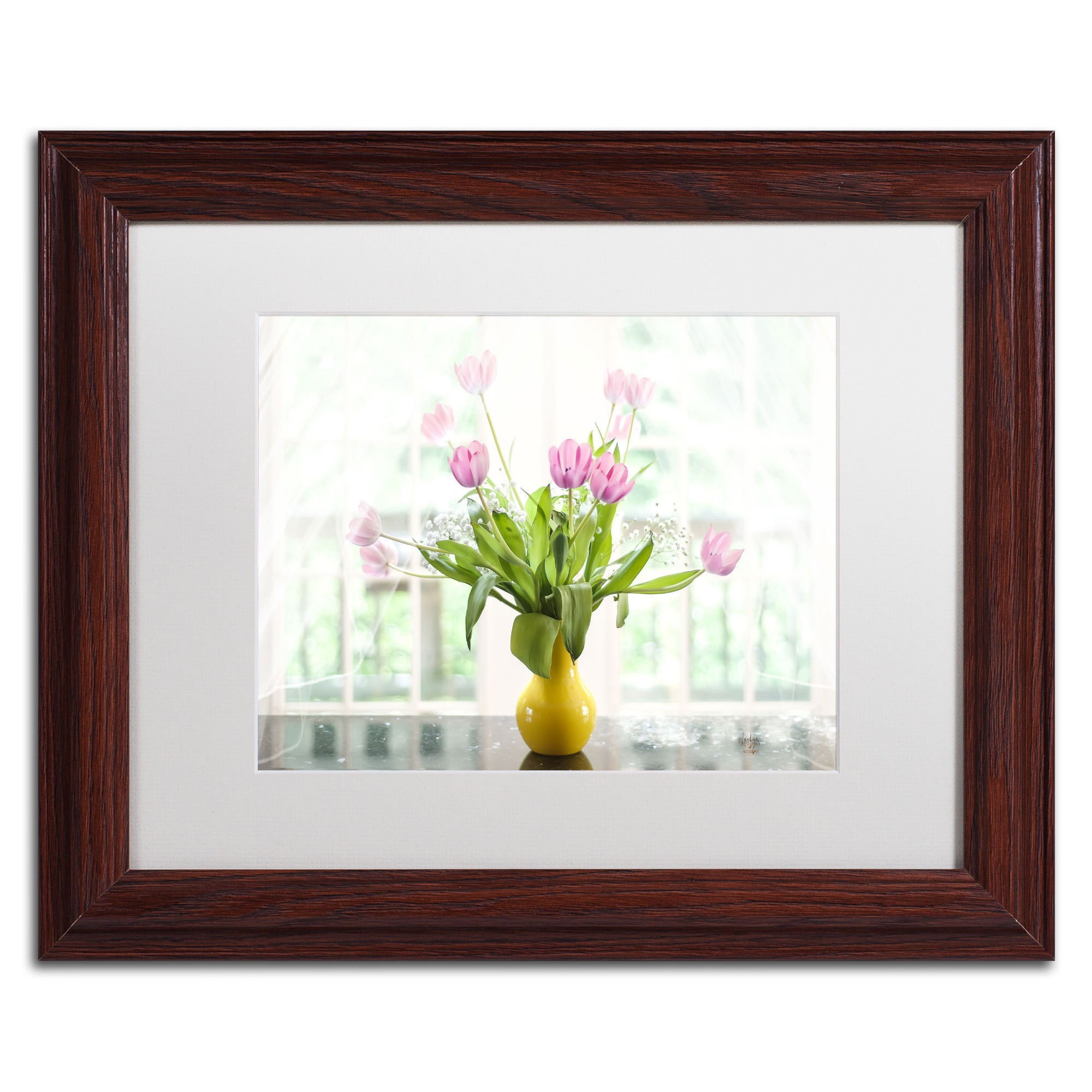 Trademark Fine Art "Pink Tulips in the Window" Canvas Art by Lois Bryan, White Mat, Black Frame