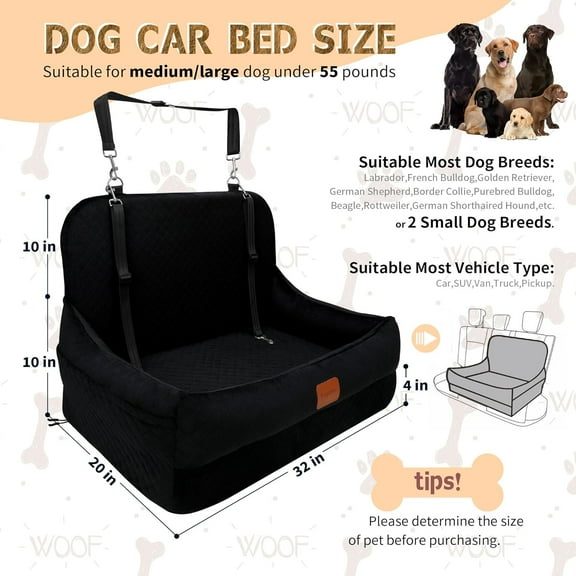 Dog Car Seat for Medium/Large Dogs Under 50 lbs, Contains 4 Inches of Memory Foam Pet Booster Seat with 2 Safety Leashes, Detachable & Washable Car Bed, Multi-Functional Pet Travel Bed with Pockets