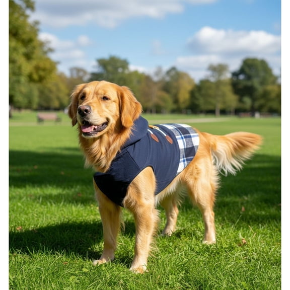 Dog Jacket Navy Blue and Plaid Pieced Style w/ Sherpa Lining andToggles
