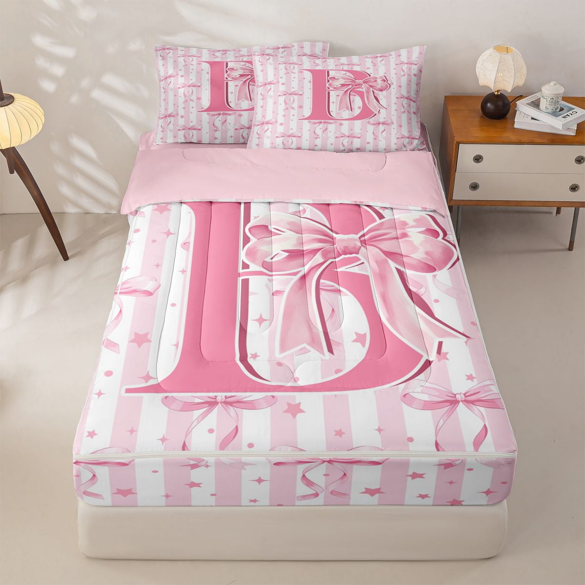 Homewish Pink Initial Alphabet B Zipper Twin Comforter Sets with Fitted Sheet and 2 Pillowcases Cute Coquette Bowknot Kids Zipper Bedding Set For Girls Pink Reversible 4 Pieces