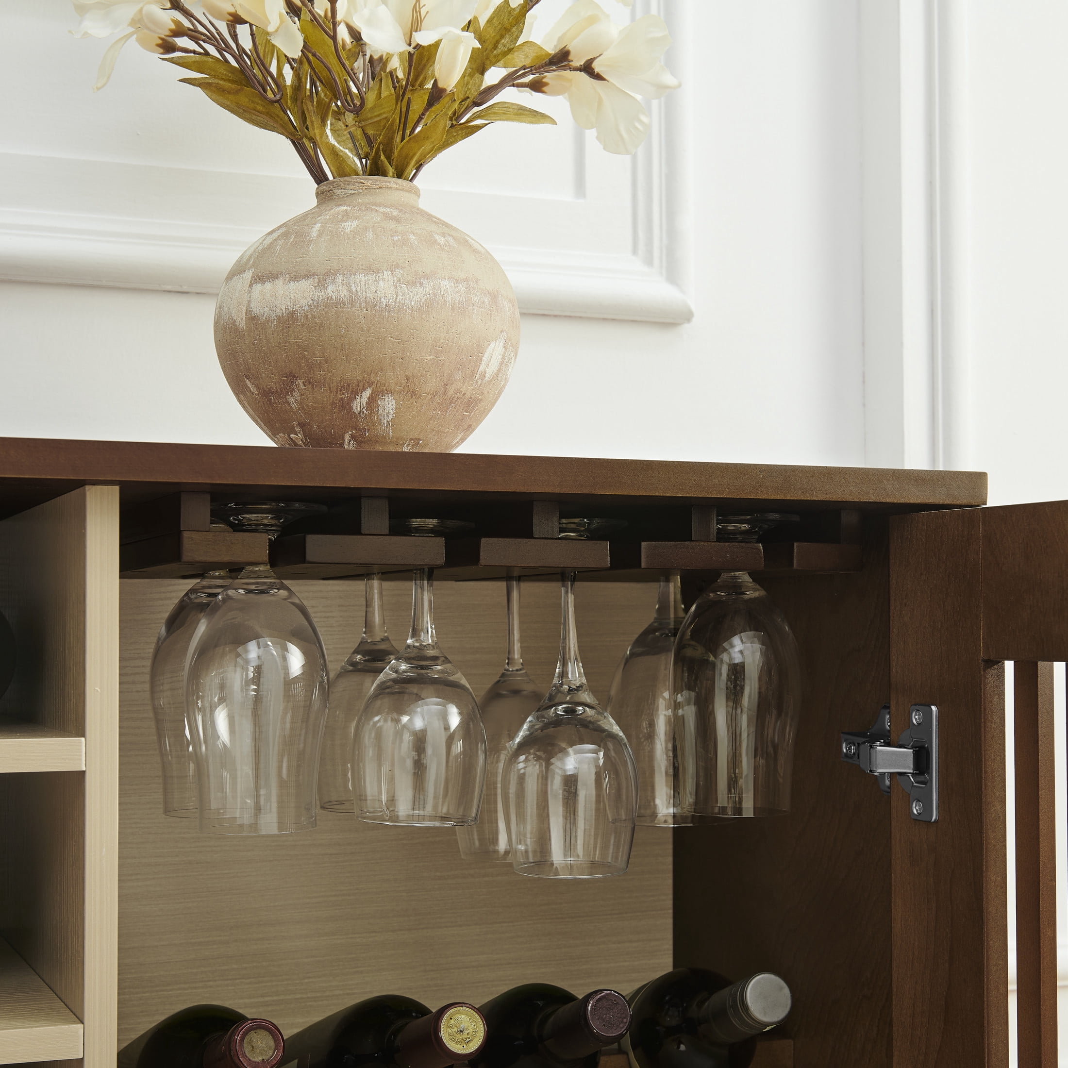 GDF Studio 43.1" Mid Century Modern Fluted Liquor Cabinet with Wine Rack & Glass Holder, Walnut