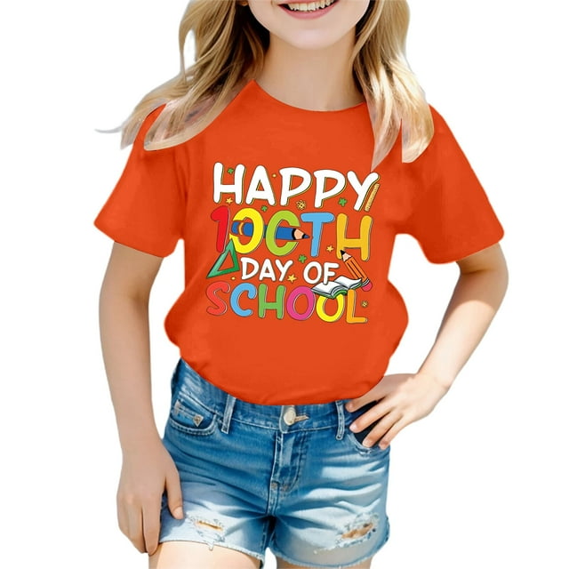 T-shirts Filles Col Rond Manches Courtes Joyeux 100e Jour d'École Hauts Filles Orange 4-5 Ans