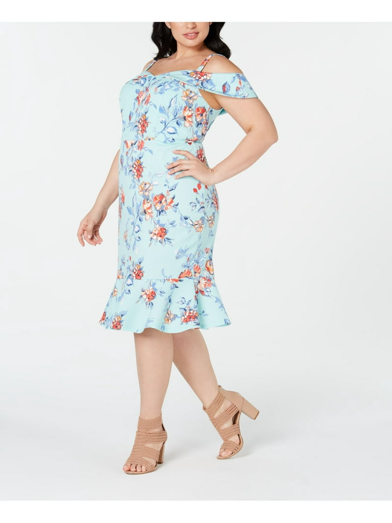 Love Squared Womens Aqua Floral Off Shoulder Below The Knee Fit + Flare Dress Plus 1X
