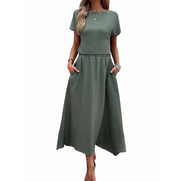 Women 2 Piece Outfits Skirt Set Summer Casual Cap Sleeve Crop Tops Maxi Dress Sets with Pockets Green M