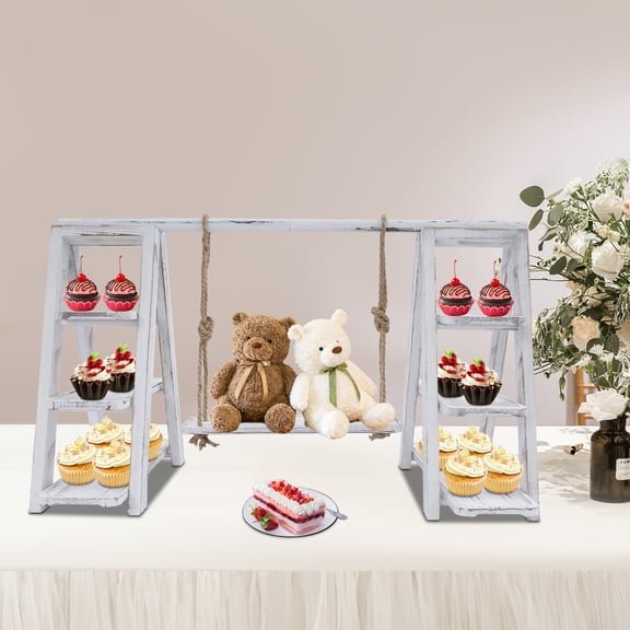 3 Tier Cupcake Stand, Rustic Wood & Iron Serving Ladder, Removable Trays   Swinging Plate, Foldable Dessert Display for Party Kitchen Counter, White