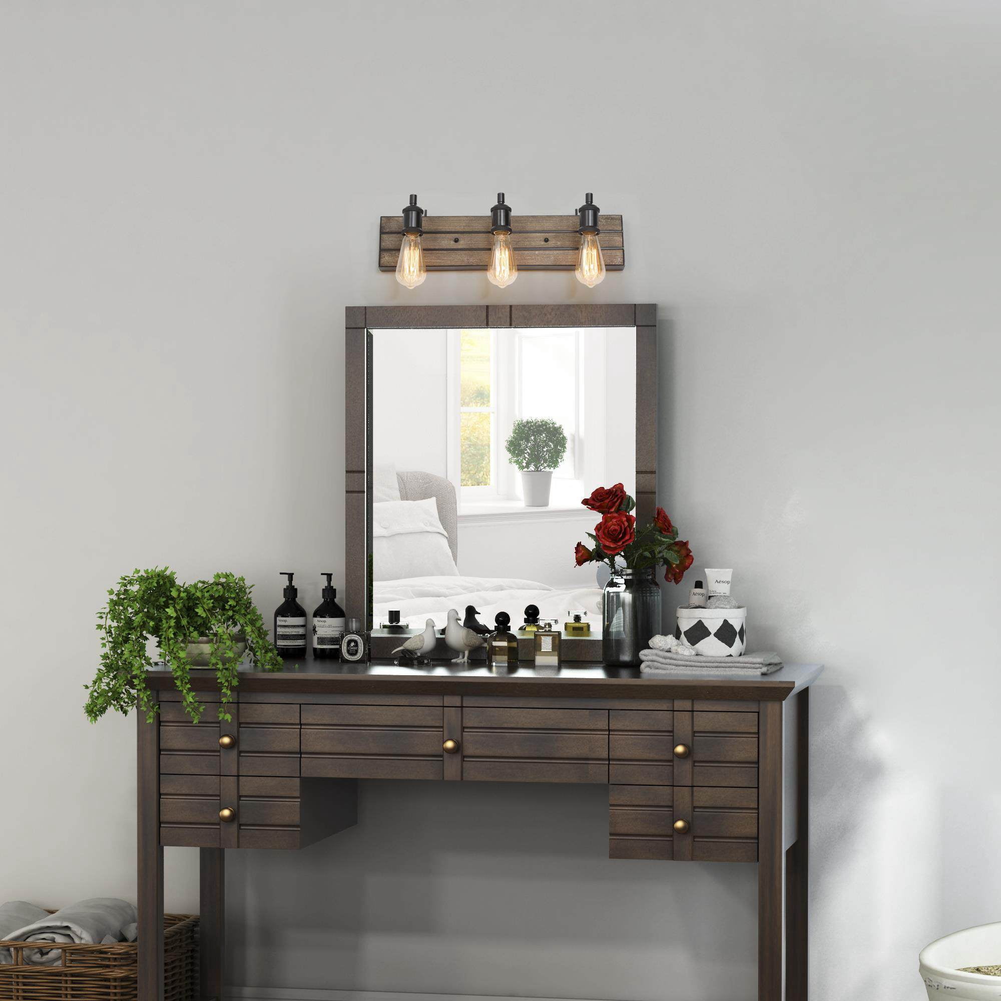 LNC 3-Light Bronze and Brown Wood Farmhouse Bathroom Vanity Light,21.3"L x 5.9"D x 5.1"H