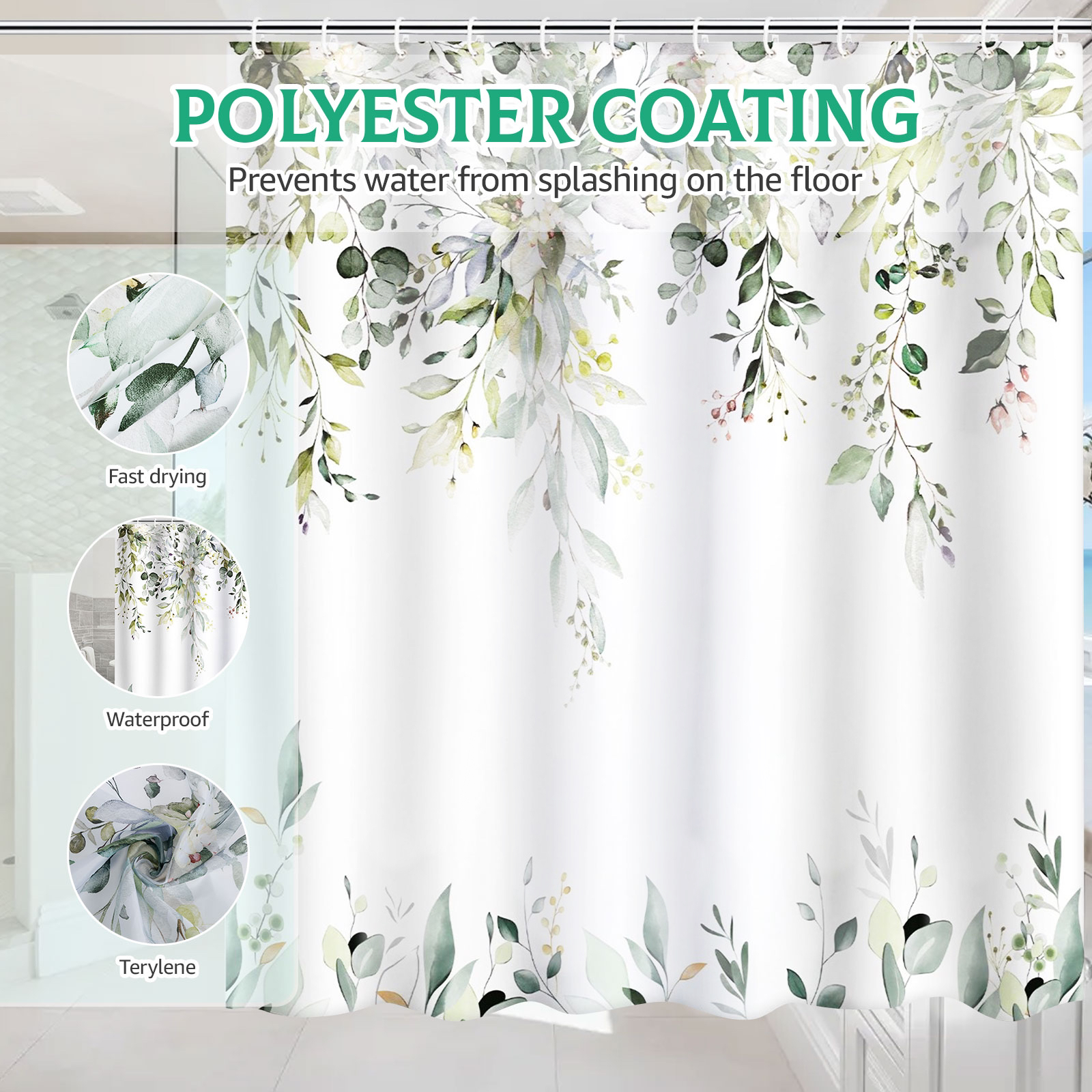 Dznils Green Eucalyptus Watercolor Floral Shower Curtain, 72x72" photo 7