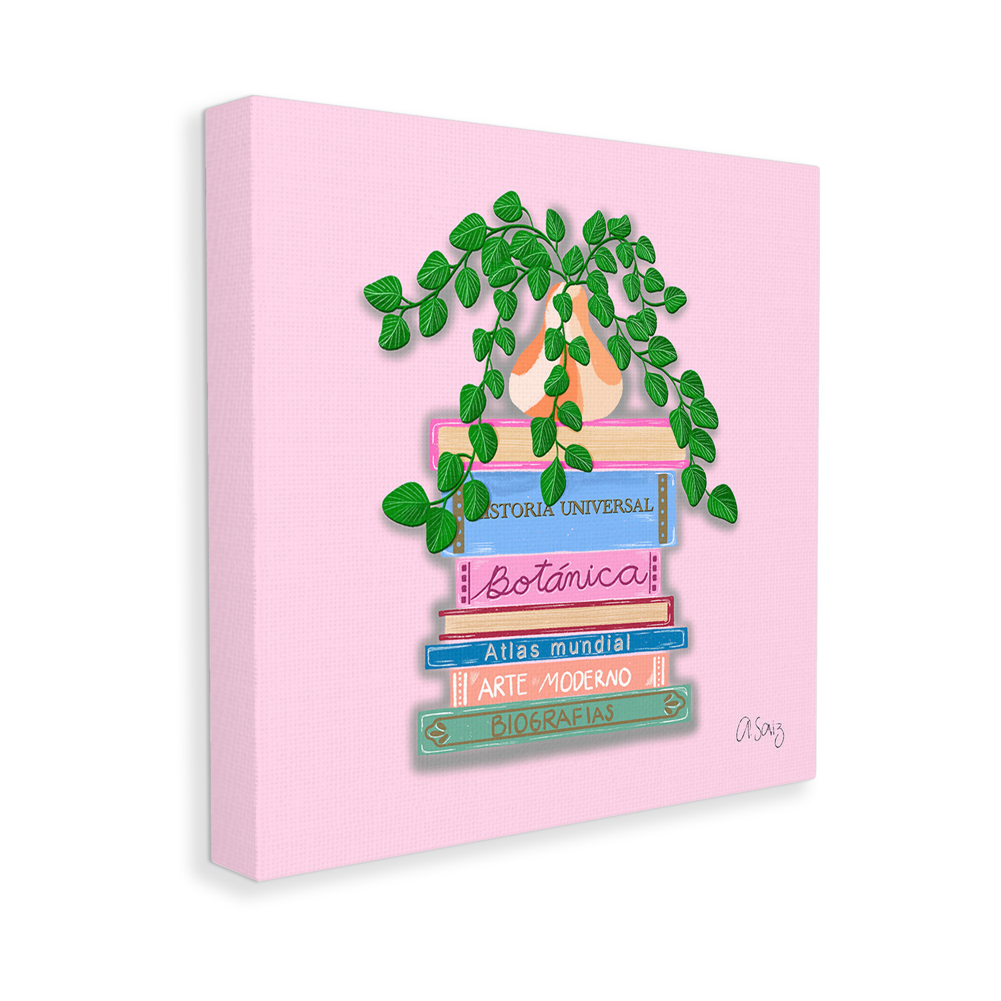 Stupell Industries Bookstack with Plant Vase Botanical & Floral Painting Gallery Wrapped Canvas Art Print Wall Art, 36 x 36