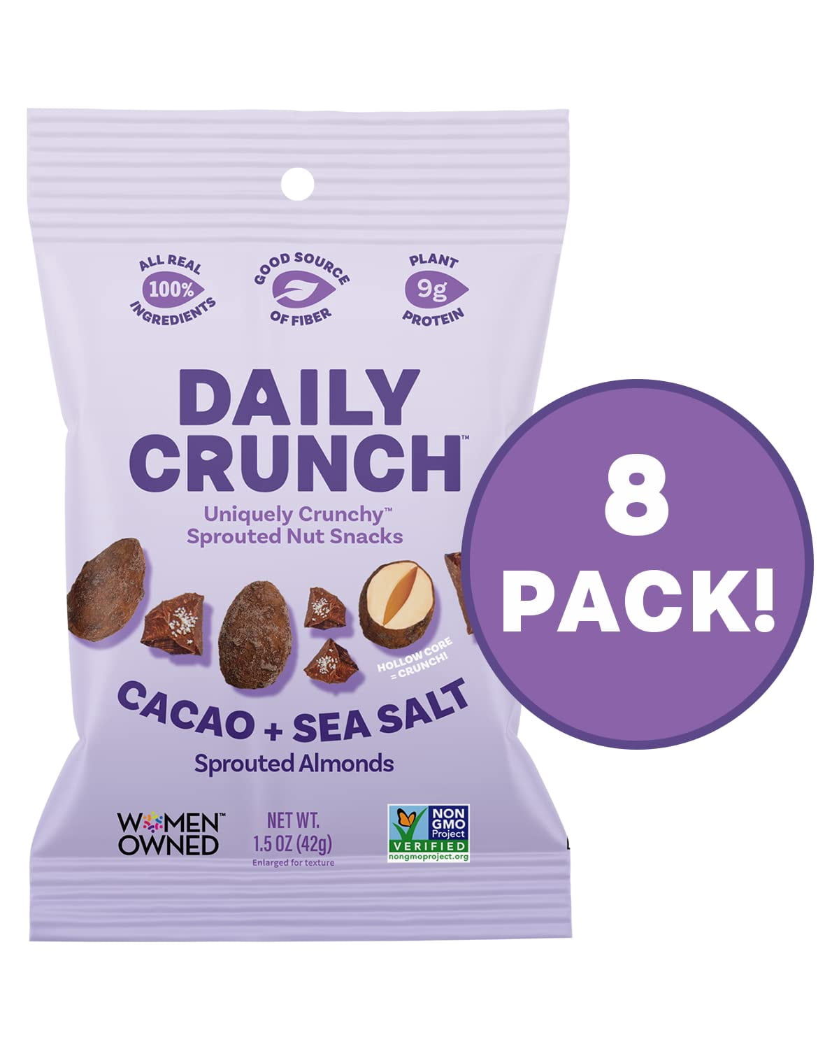 Daily Crunch, Cacao and YYF14 Sea Salt Sprouted Almond, Minis (1.5oz, Pack of 8)- Sprouted and Dehydrated for a Unique Crunch, Keto Friendly, Non-GMO, Oil and Salt Free, Vegan, Healthy Snack…