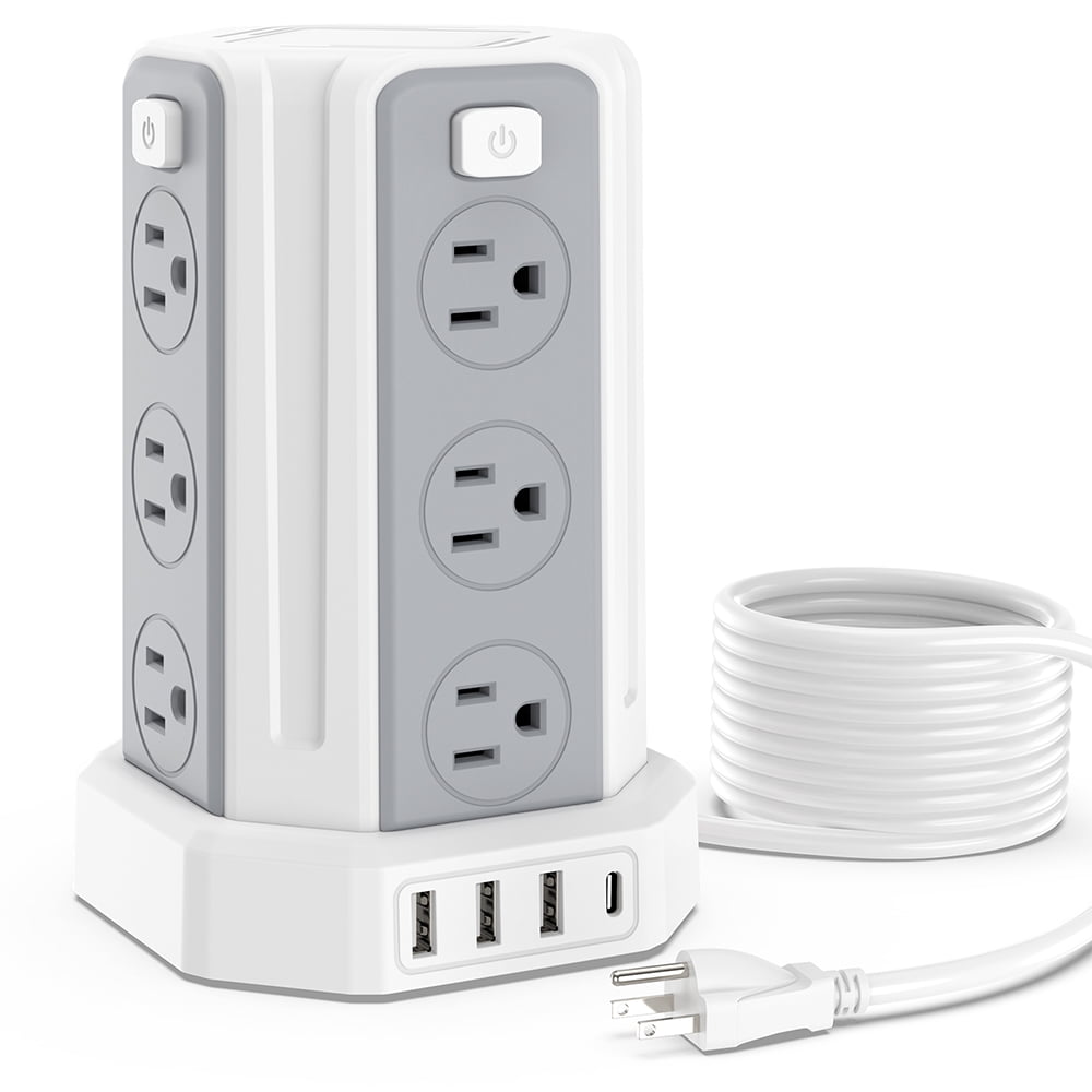 10 Outlet Plugs 4 USB Power Strip Tower Surge Protector Charging Station 