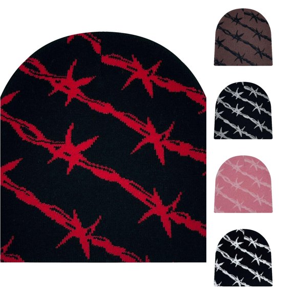 XIAOCHA Bold‑Print Beanie for Women,Jacquard Knit Fall‑Winter Outdoor Skullcap,Red