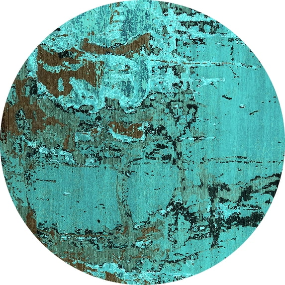 Ahgly Company Machine Washable Indoor Round Oriental Turquoise Blue Industrial Area Rugs, 4' Round